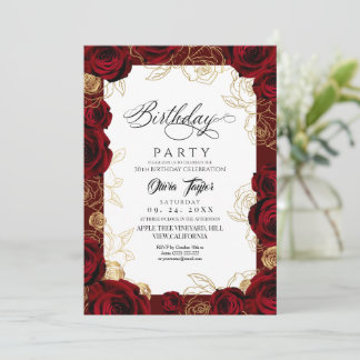 Convites Chic Burgundy Gold Rose Birthday Invitation
