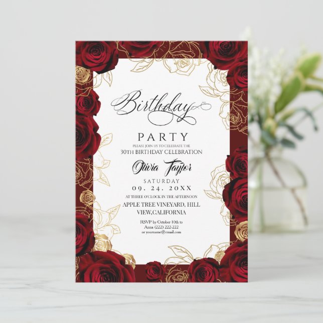 Convites Chic Burgundy Gold Rose Birthday Invitation (Em pé/Frente)