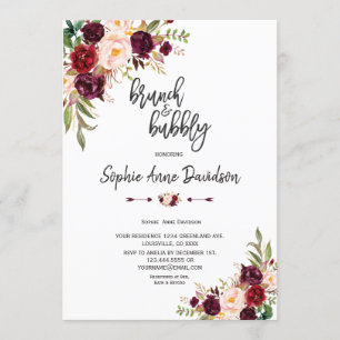 Convites Chic Burgundy - Manuscrito Floral Brunch e Bubble