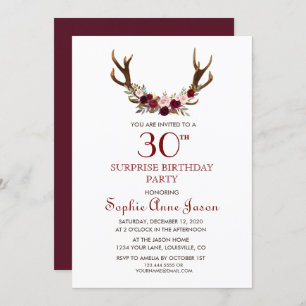 Convites Chic Burgundy Marsala Floral Antlers 50º Aniversár