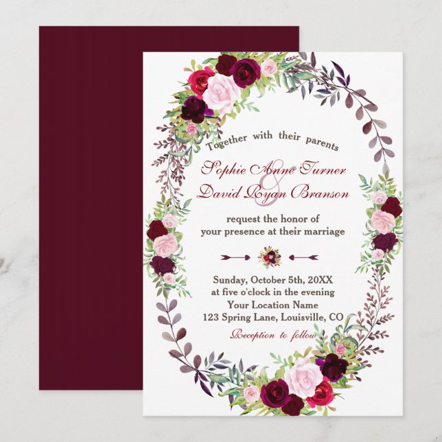 Convites Chic Burgundy Marsala Floral Wreath Wedding (Frente/Verso)
