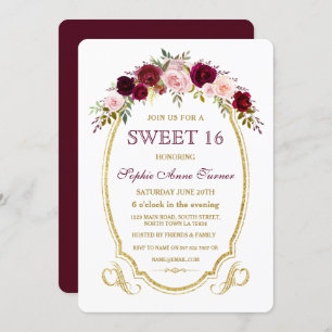 Convites Chic Burgundy Marsala Queda Floral SWEET 16