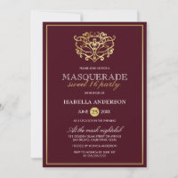 Chic Burgundy Red & Dourado Mascarada Doce 16 Part