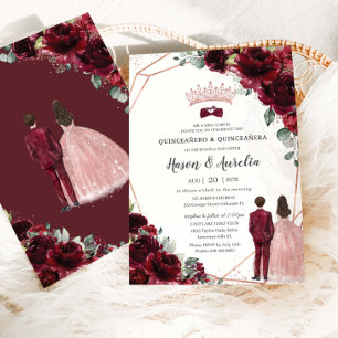Convites Chic Burgundy Rosa Dourado Gêmeos Menino Menina Qu