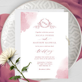 Convites Chic Burgundy Watercolor Stain, Casamento Monogram