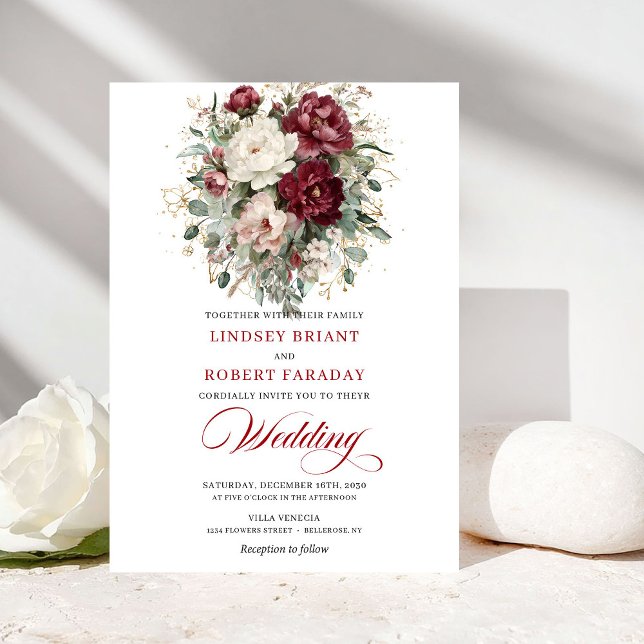 Convites Chic Burgundy White Eucalyptus Wedding Invitation (Chic Burgundy White Eucalyptus Wedding Invitation)