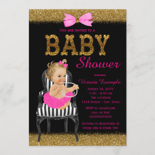 Convites Chic Cadeira Rosa Preto Dourado Chuveiro de Bebê M