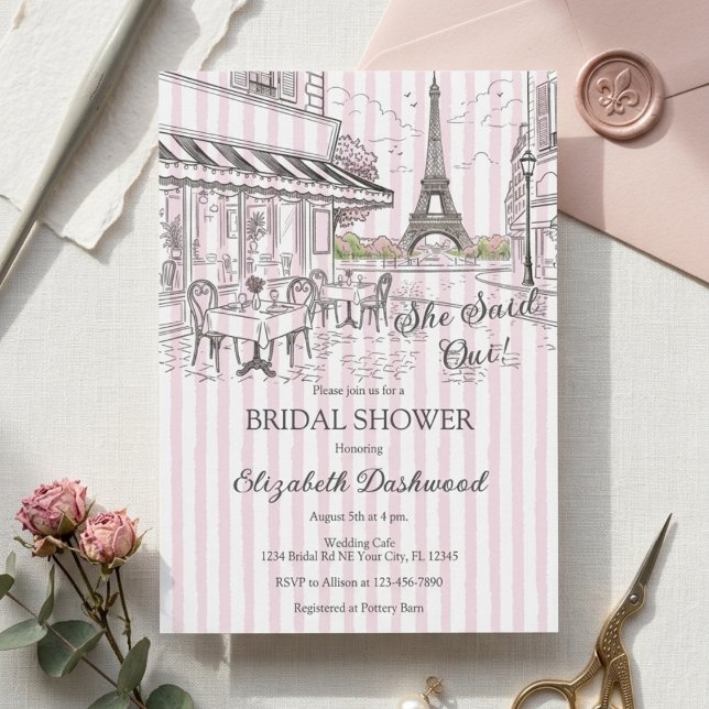 Convites Chic Café Paris Rosa Listras Brancas Chá de Noiva (Criador carregado)