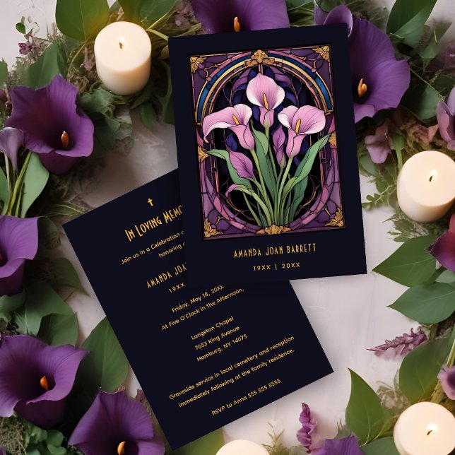 Convites Chic Callas Bouquet Purple Shades Stained Glass (Romantic Callas Bouquet in Purple Shades Stained Glass Effect Funeral Invitations Cards.)