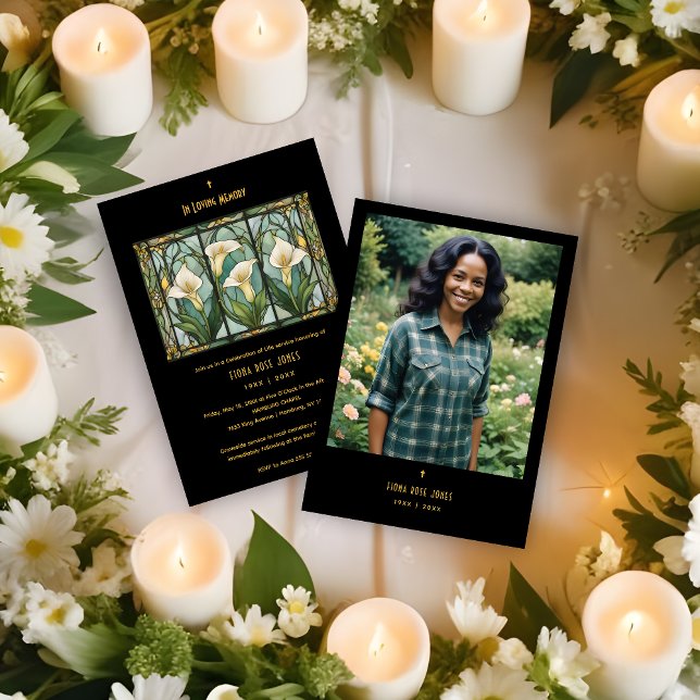 Convites Chic Callas White Bouquet Stained Glass Photo (Romantic Callas Bouquet in White & Green Shades Stained Glass Effect Photo Funeral Invitations Cards)