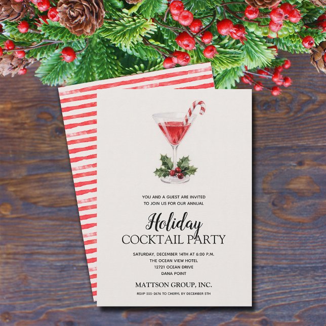 Convites Chic Candy Cane Martini Holiday Cocktail Party (Chic candy cane, holly and berries Christmas martini cocktail holiday party invitations)