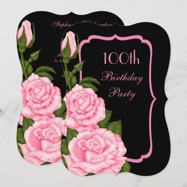 Convites Chic Canto Rosas Rosa Aniversário de 100 anos (Frente/Verso)