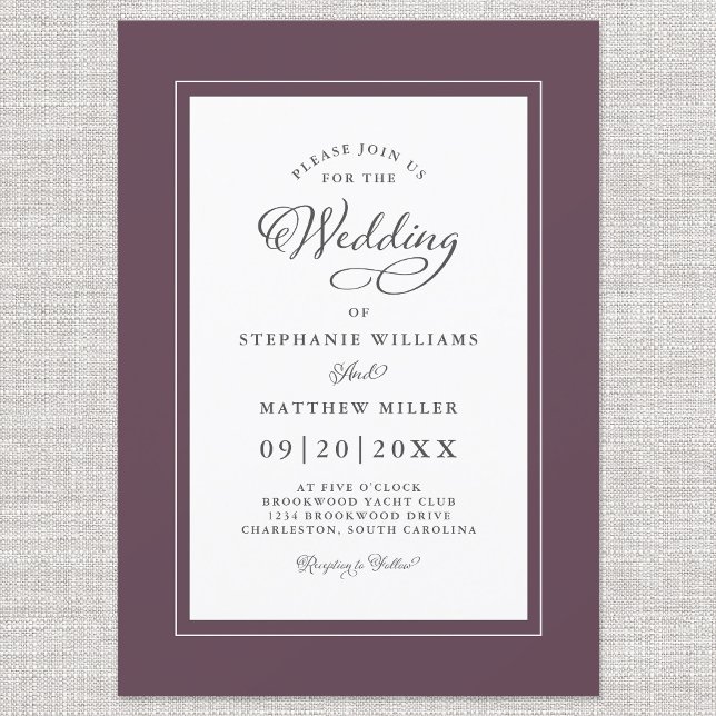 Convites Chic Casamento Roxo Elegante Caligrafia Script     (Criador carregado)