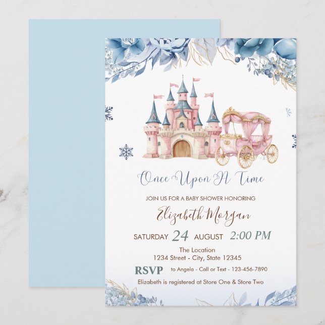 Convites Chic Castle,Carriage Blue Flowers Baby Shower (Frente/Verso)