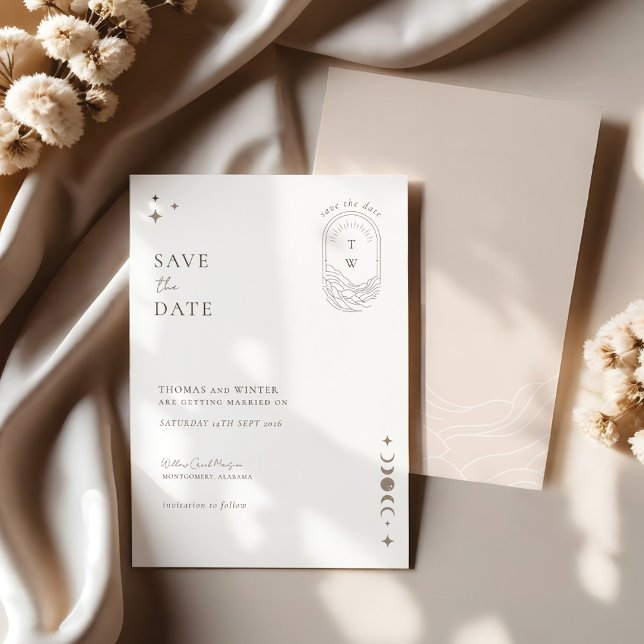 Convites Chic Celestial Moon Stars Monograma Salvar Data (Chic Celestial Moon Stars Monogram Save The Date Invitation)