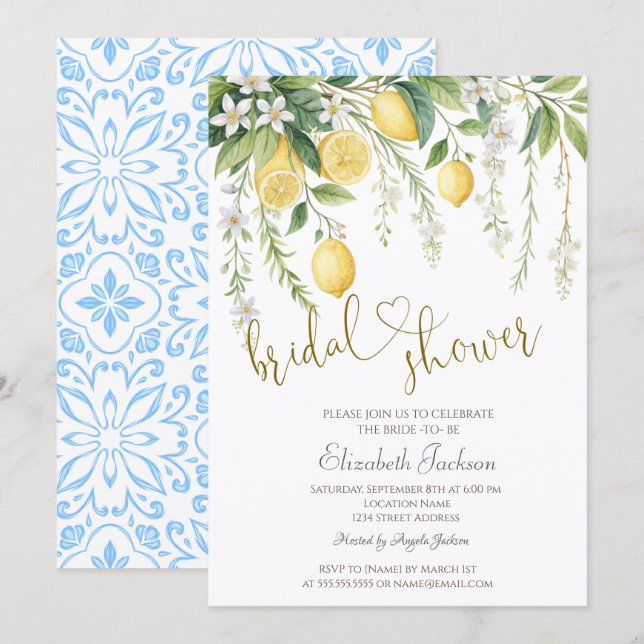 Convites Chic Chá de Noiva com Aquarela de Limões em Flor (Frente/Verso)