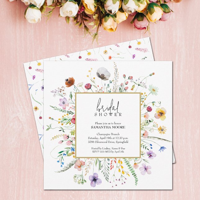 Convites Chic Chá de panela de flor selvagem (Chic wildflower bridal shower invitations, 5.25" x 5.25" - PRINTED and/or INSTANT DOWNLOAD)