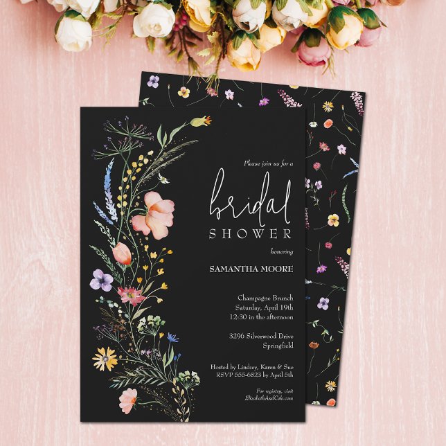 Convites Chic Chá de panela de flor selvagem (Wildflower bridal shower black invitations - PRINTED and/or INSTANT DOWNLOAD)