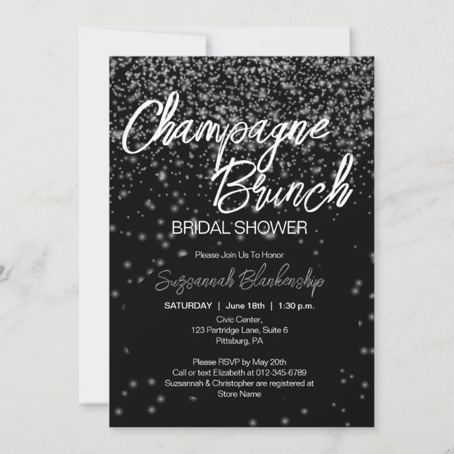 Convites Chic Champagne Brunch Chá de Noiva Bokeh Prateado (Frente)
