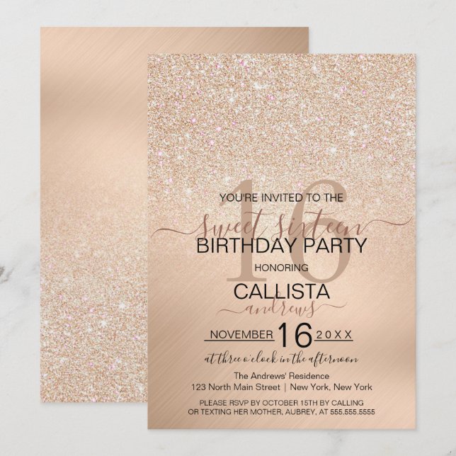 Convites Chic Champagne Dourada Glitter Metálico Sweet 16 (Frente/Verso)