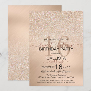 Convites Chic Champagne Dourada Glitter Metálico Sweet 16