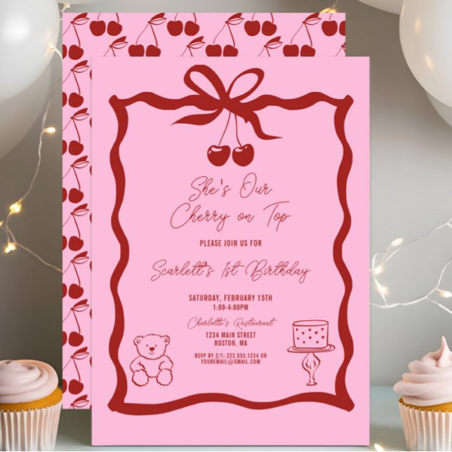 Convites Chic Cherry no Arco superior, rosa e primeiro aniv (She's Our Cherry on Top 1st Birthday Invitation, Red and Pink, Chic Trendy Modern, Bow, Sweet One)