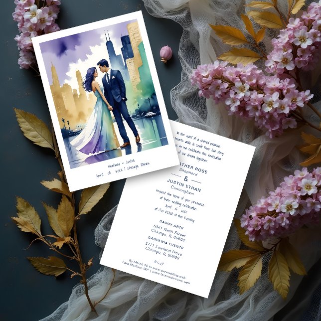 Convites Chic Chicago Iconic Building Colorful Cityscape (Cute Chicago Iconic Building Colorful Cityscape Wedding Couple Illustration Invitations Cards.)