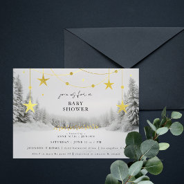 Convites Chic Cinza Dourado Floresta de Inverno Baby Shower