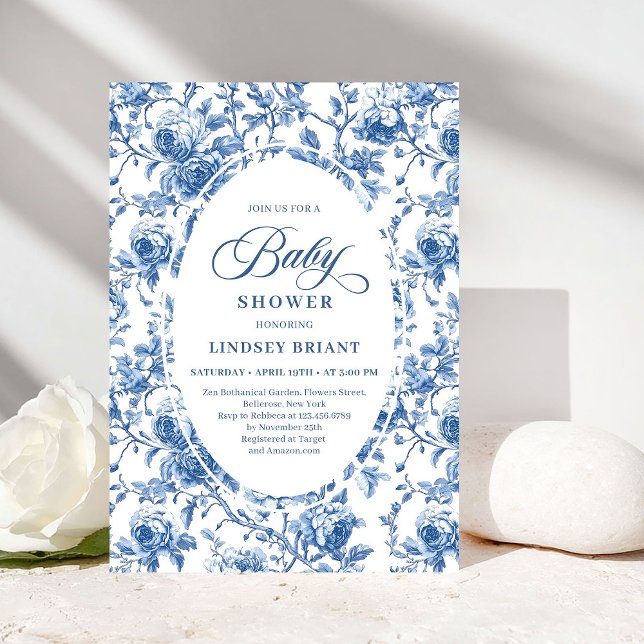 Convites Chic Classic Blue Toile de Jouy Floral Baby Shower (Classic Blue Toile de Jouy Floral Baby Shower Invite)