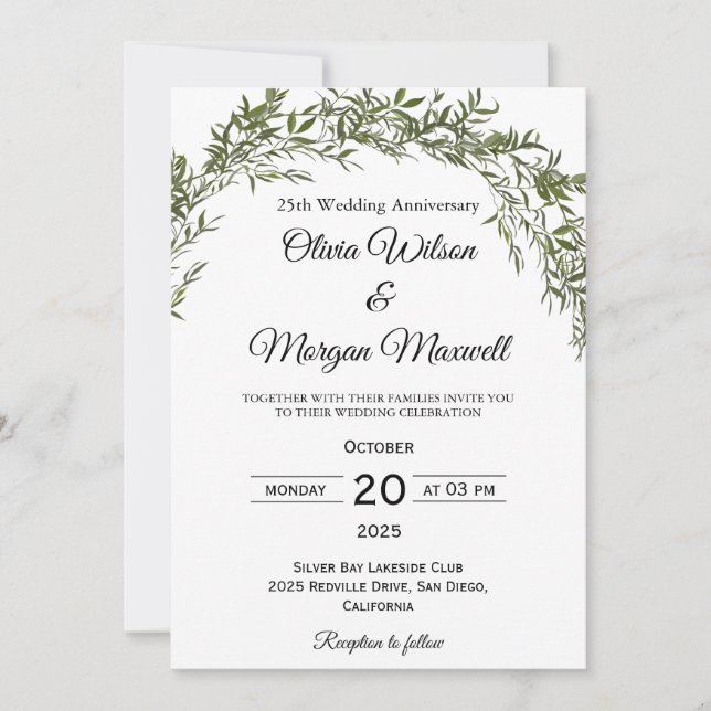Convites Chic Clássico Aniversário de Casamento com Folhage (Frente)