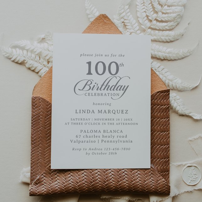 Convites Chic Clássico Caligrafia Aniversário de 100 anos (Criador carregado)