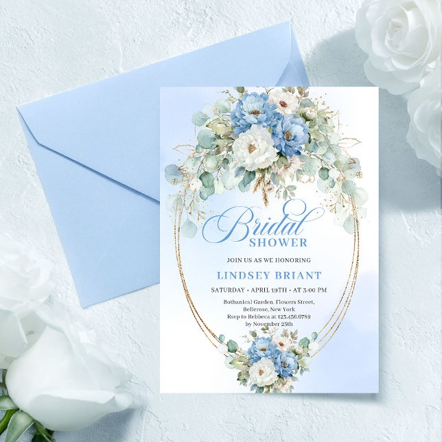 Convites Chic Clássico Chuva de Flores Azul Pastel Dourado  (Classic Pastel Blue Floral Gold Bridal Shower Invitation)