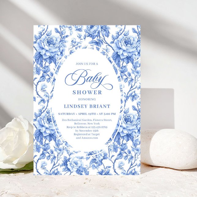 Convites Chic Clássico Chuveiro de Bebê Francês Toile de Jo (Classic French Toile de Jouy Navy Baby Shower Invite)