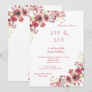 Convites Chic Classy Red Floral Watercolor Sip & Consulte