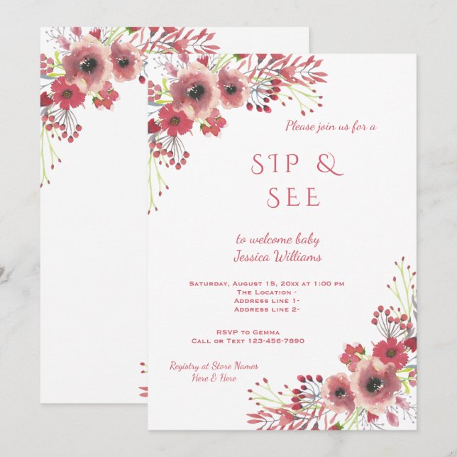 Convites Chic Classy Vermelho Floral Aquarela Sip & See (Frente/Verso)