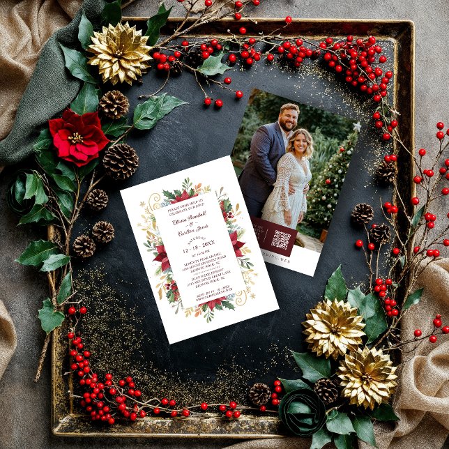 Convites Chic Colorful Christmas Botanical & Floral Frame  (Chic Colorful Christmas Botanical and Floral Frame Wedding Invitations Cards with Back QR Code.)