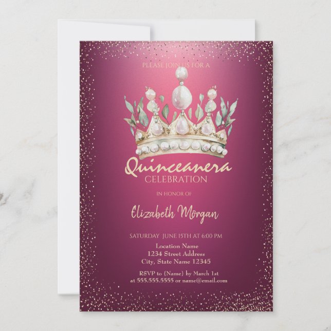 Convites Chic Confetti Watercolor Crown Red Quinceañera (Frente)