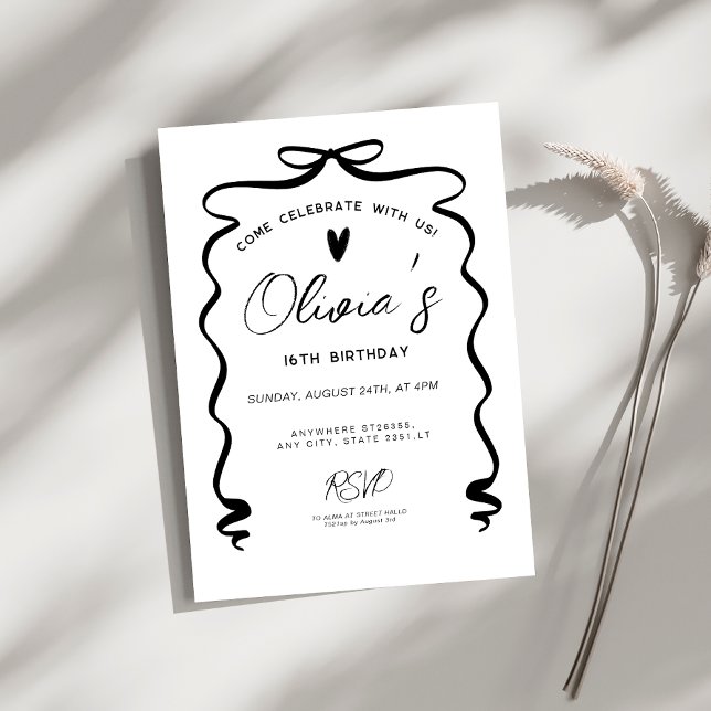 Convites Chic coquette Black Bow 16th Birthday Party (Criador carregado)