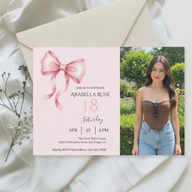 Convites Chic Coquette Bow Photo Birthday Party Invitation (Criador carregado)