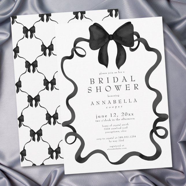 Convites Chic Coquette Laço de Fita Preto Chuveiro Minimali (Shes Tying the Knot Chic Black Bow Bridal Shower Invitation)