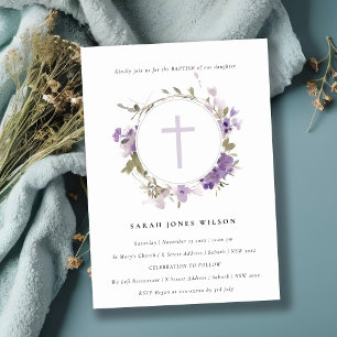 Convites Chic Cottage Meadow Lilac Floral Wreath Baptism