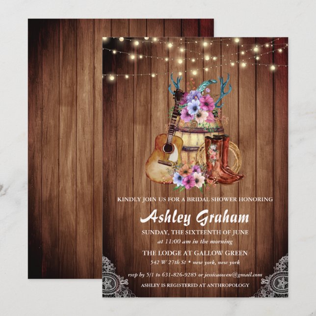 Convites Chic Cowboy Boots Chá de panela Russo Ocidental (Frente/Verso)