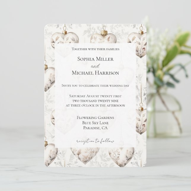 Convites Chic Cream Grey Hearts Ornaments Wedding (Em pé/Frente)