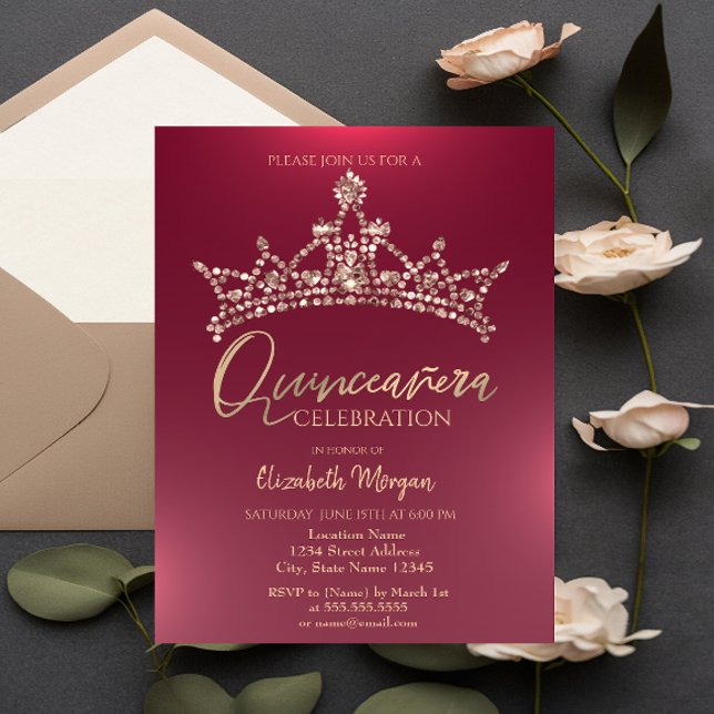Convites Chic Crown Burgundy Quinceañera (Criador carregado)