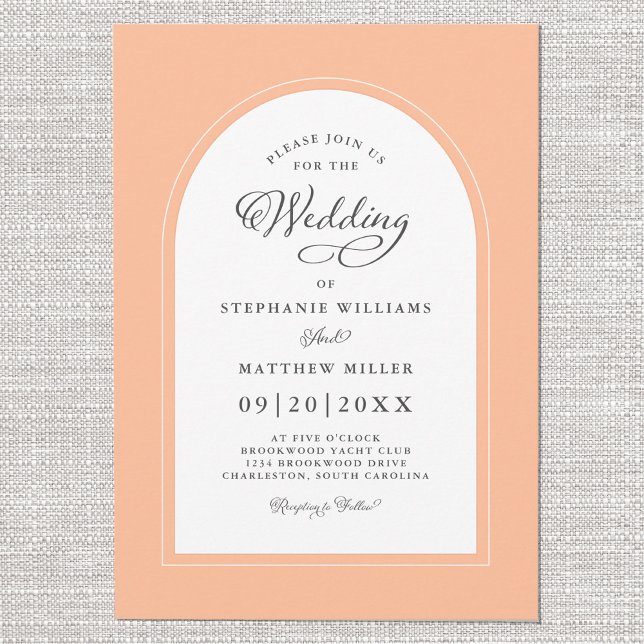 Convites Chic de Casamento de Caligrafia Moderna Peach Arch (Elegant Peach Arch Modern Calligraphy Wedding Chic Invitation)