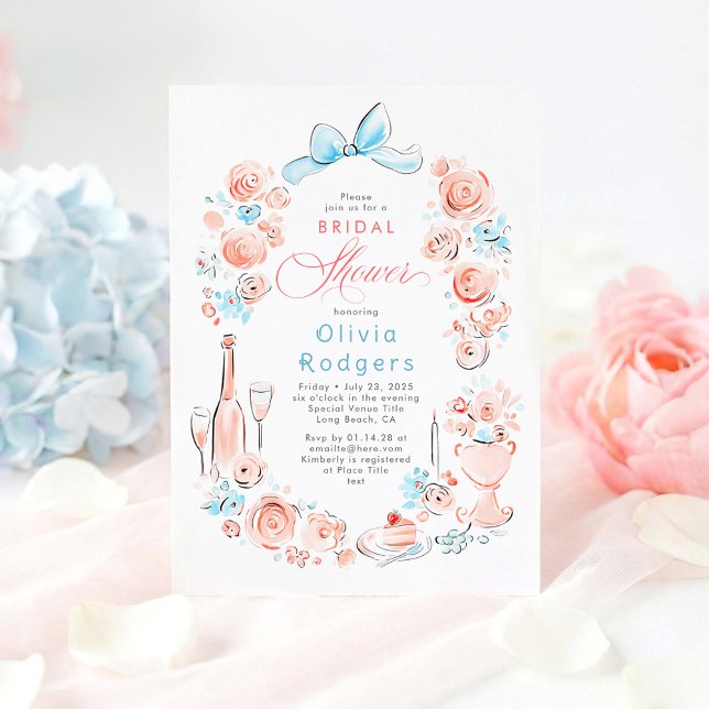 Convites Chic de Chuva de Noiva com Arco Floral Caprichoso  (Dusty Blue and Pink Whimsical Coquette Bow Bridal Shower Invitations)