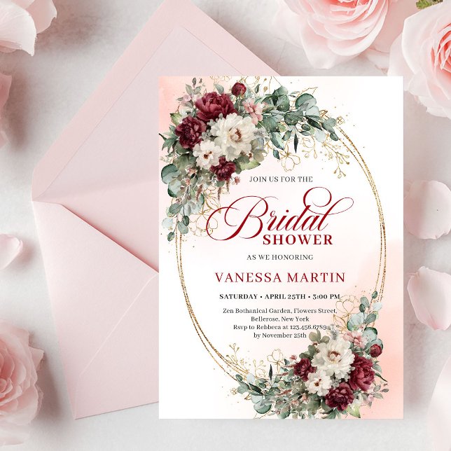 Convites Chic Deep Red Peony Gold Bridal Shower Invitation (Chic Deep Red Peony Gold Bridal Shower Invitation

)