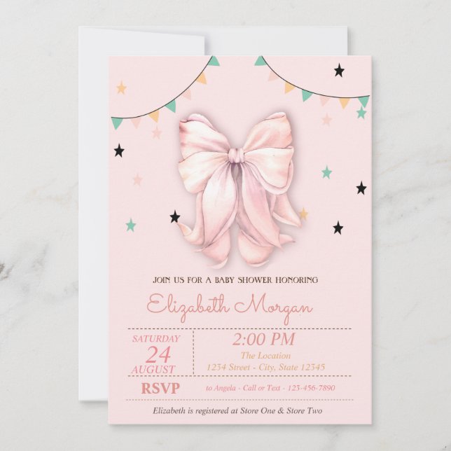 Convites Chic Desenho à Mão Arco Rosa Estrelas Chá de Bebê  (Frente)