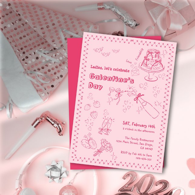 Convites Chic desenhou champanhe Galentine Festa do Dia da  (Chic Hand Drawn Champagne Galentine's Day Party)