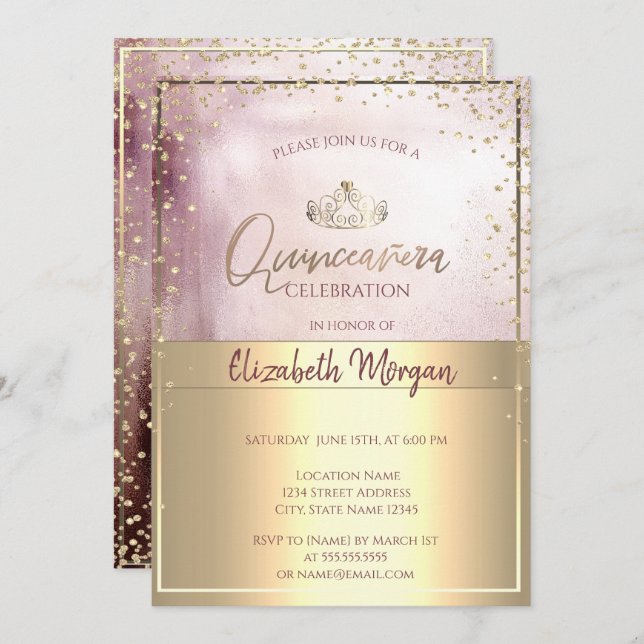 Convites Chic Dourada Tiara, Diamantes Rosa Dourado Quincea (Frente/Verso)